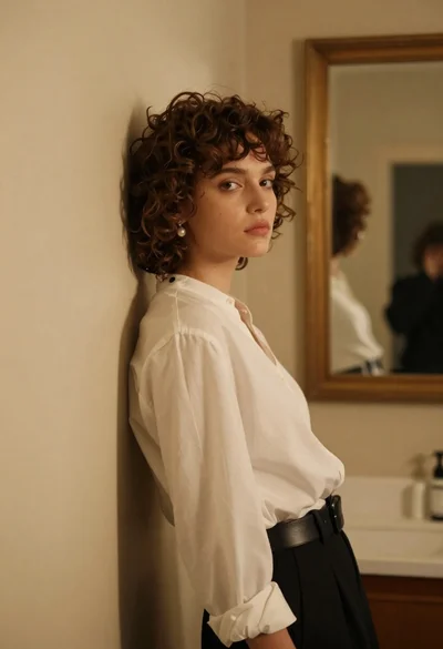 Young woman in white blouse leaning against beige wall near mirror