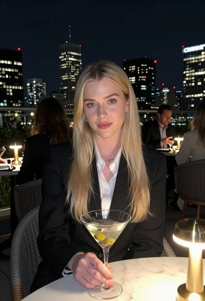 Blonde woman in blazer holding martini glass on rooftop overlooking city skyline