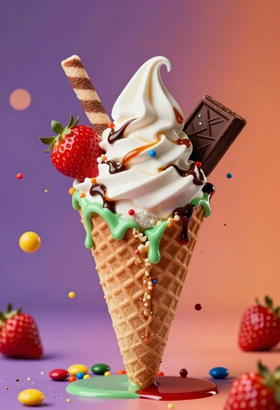 Hyperrealistic close up of ice cream cone with colorful candy splash