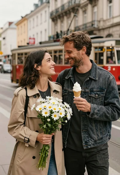 Smiling couple on city street holding daisies and ice cream near vintage