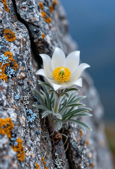 Close up macro shot of white edelweiss flower growing from a rugged