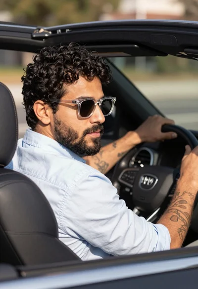 Handsome man with dark curly hair driving convertible car looking over shoulder