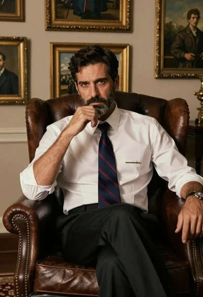 Man seated in leather armchair with paintings background