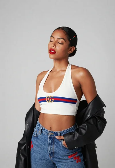 Dark skinned woman in white top and blue jeans against grey background