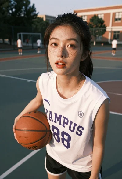 Close up portrait of young east asian woman holding basketball on outdoor