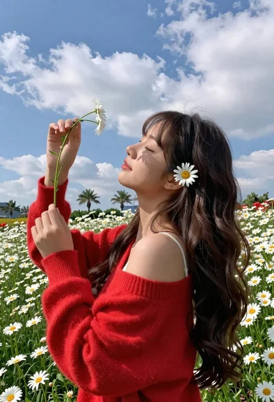 Young woman in red sweater holding flowers in daisy field