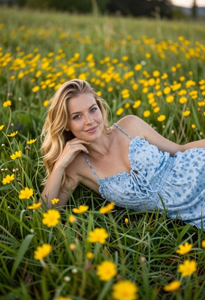 Woman lying in meadow with yellow daisies at golden hour
