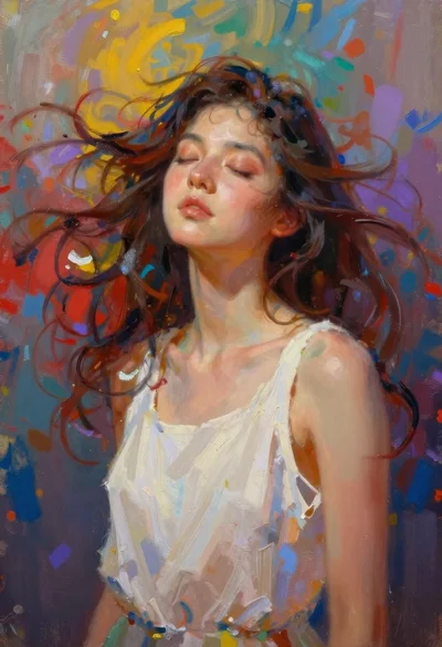 Woman with closed eyes surrounded by abstract colorful swirls