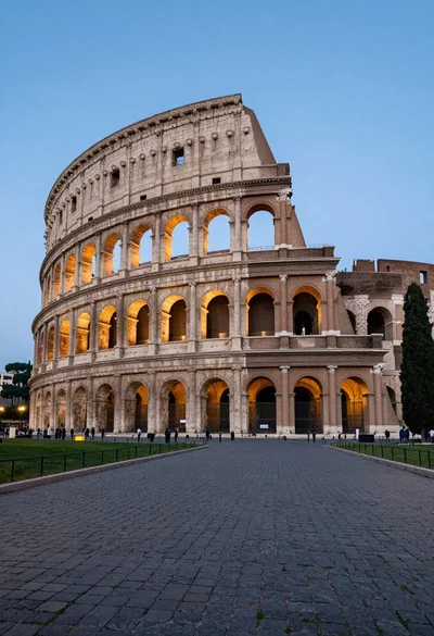 Majestic view of colosseum in rome at twilight with cypress trees