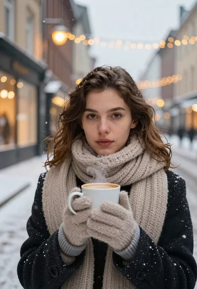 Young woman with brown hair holding mug on snowy european street