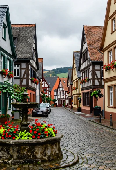 Picturesque european cobblestone street with half timbered buildings and flowers
