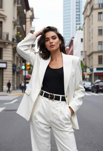 Stylish woman in pinstripe suit standing on an urban city street
