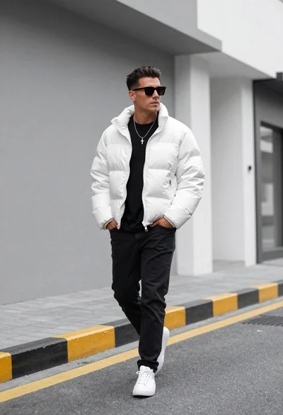 Stylish man walking on urban street next to modern grey white building