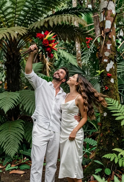 Joyful couple in white linen clothing standing in lush tropical forest setting