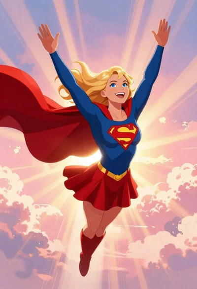 Supergirl flying through pink purple clouds at sunset