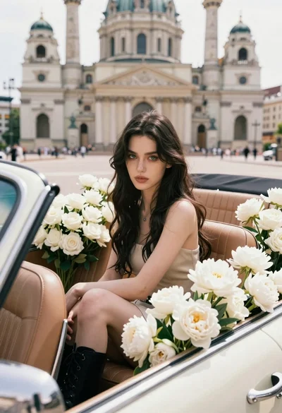 Young woman in beige dress sitting in a vintage car with flowers