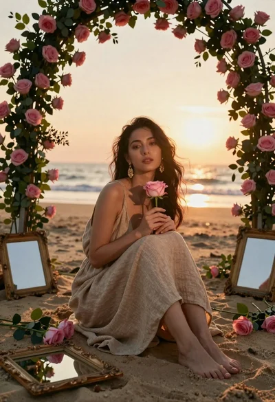 Young woman in linen dress sitting under rose arch on beach