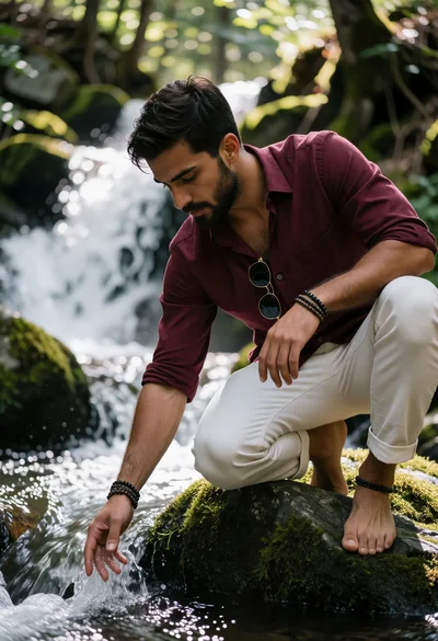 Man crouching by a rushing waterfall in a mossy forest setting