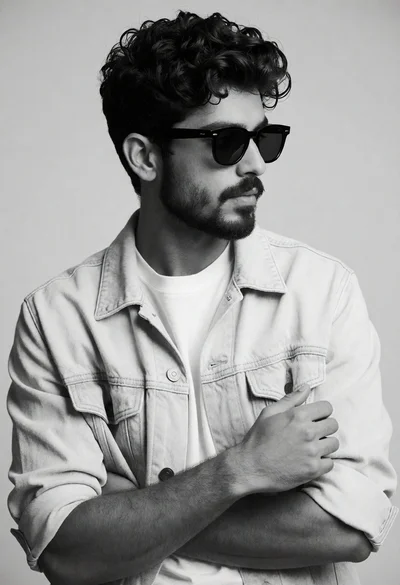 Black and white portrait of young man in denim jacket against gray