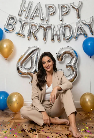 Woman in pantsuit celebrating birthday on decorated floor