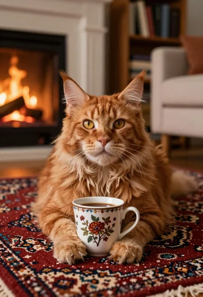 Cat holding mug in cozy living room by fireplace