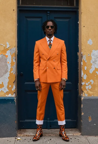Stylish man in orange suit doorway of weathered building