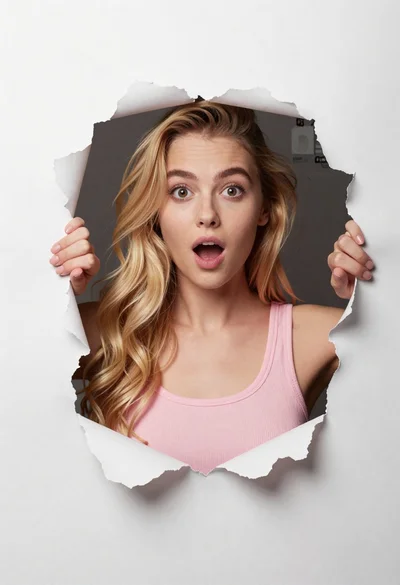 Young blonde woman in pink tank top peering through torn paper hole