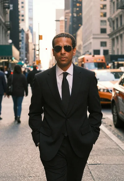 Man in suit walking down city street at golden hour