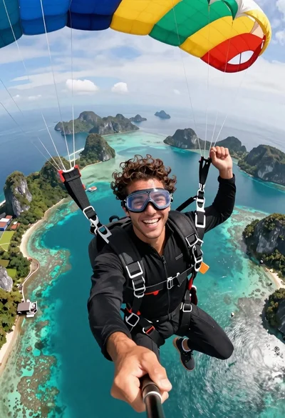 Young man smiling while skydiving over tropical archipelago view