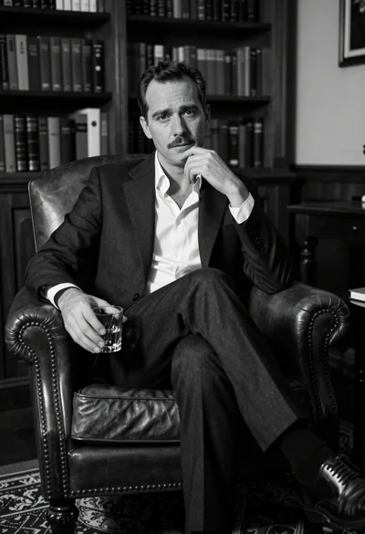 Black and white portrait of a thoughtful man sitting in leather armchair