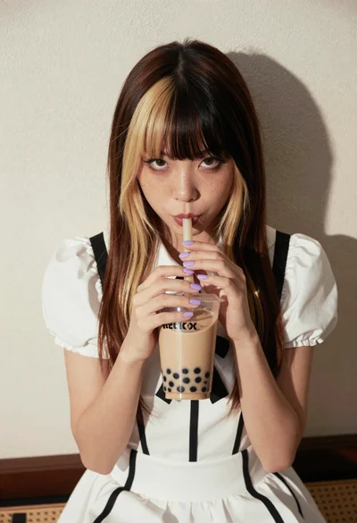 Young woman with twotoned hair drinking bubble tea indoors