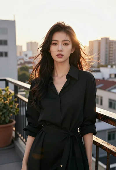 Young east asian woman in black dress on rooftop terrace at golden