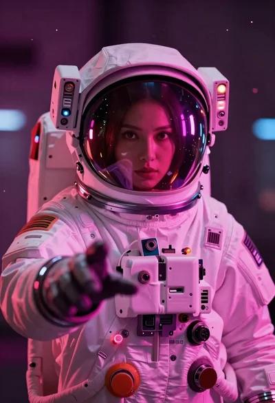 Astronaut portrait reflecting neon city lights