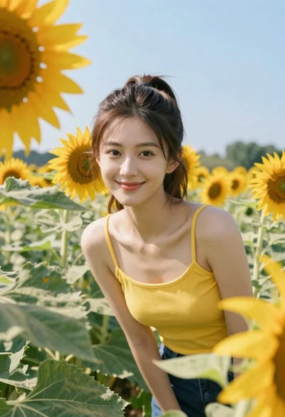 Young woman in yellow tank top smiling in sunflower field at low