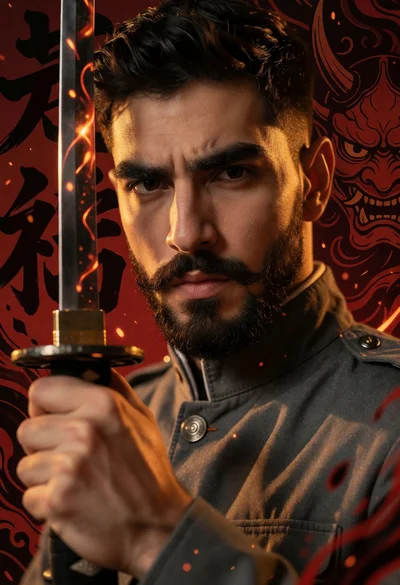 Close up portrait of man holding katana against deep red ink background