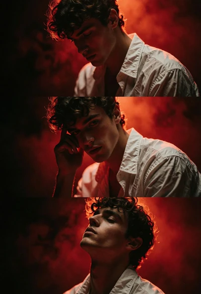 Triptych portrait of young man with curly hair under intense red lighting