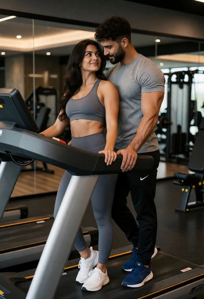 Intimate couple on treadmill in modern gym setting with soft lighting