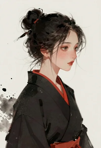 Woman in black kimono profile with freckles and dark hair