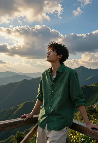 Young man leaning on railing overlooking vast mountain landscape at golden hour