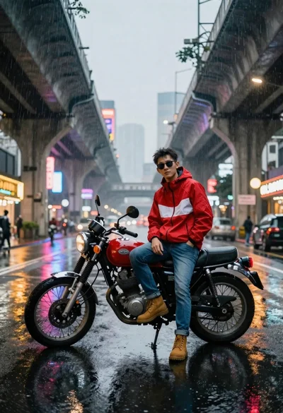 Man on motorcycle in rain under neon city lights