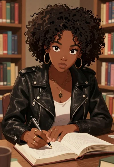 Anime woman writing in a cozy library setting