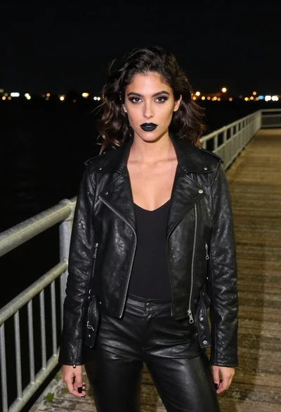 Young woman in black leather jacket on wooden pier at night