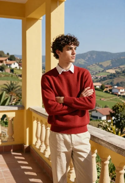 Young man in red sweater on balcony overlooking scenic valley view