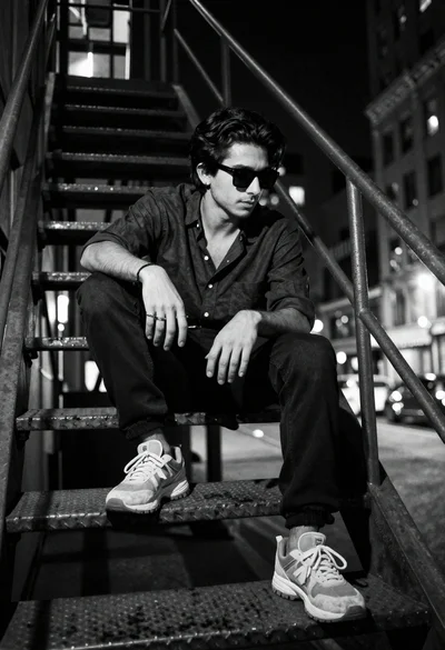 Young man sitting on fire escape staircase at night in city