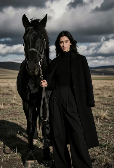 Woman standing beside black horse in grassy field under dramatic cloudy sky