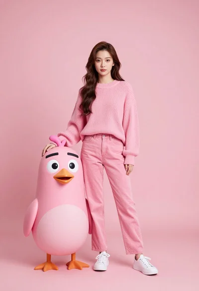 Full body portrait of woman with pink sweater next to animated bird