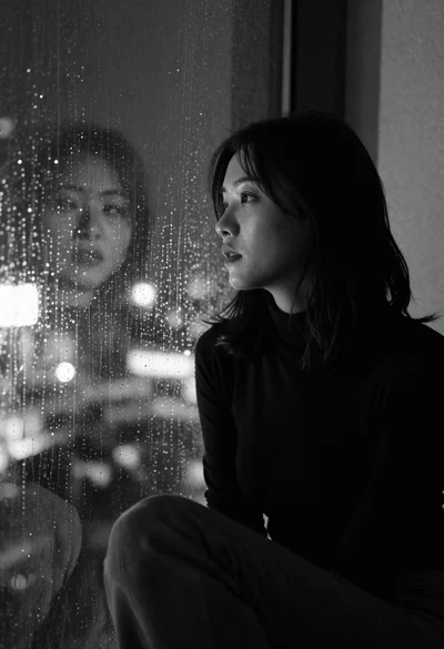 Medium close up profile portrait woman by rain streaked window at night