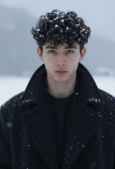 Close up portrait of young man in black coat with falling snow