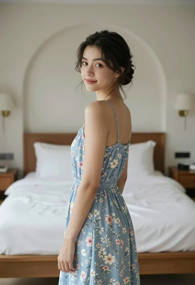 Young woman in floral dress looking back over shoulder in bright bedroom