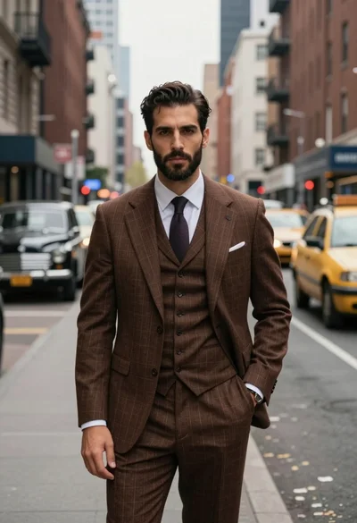 Confident man in brown pinstripe suit on a busy urban avenue street